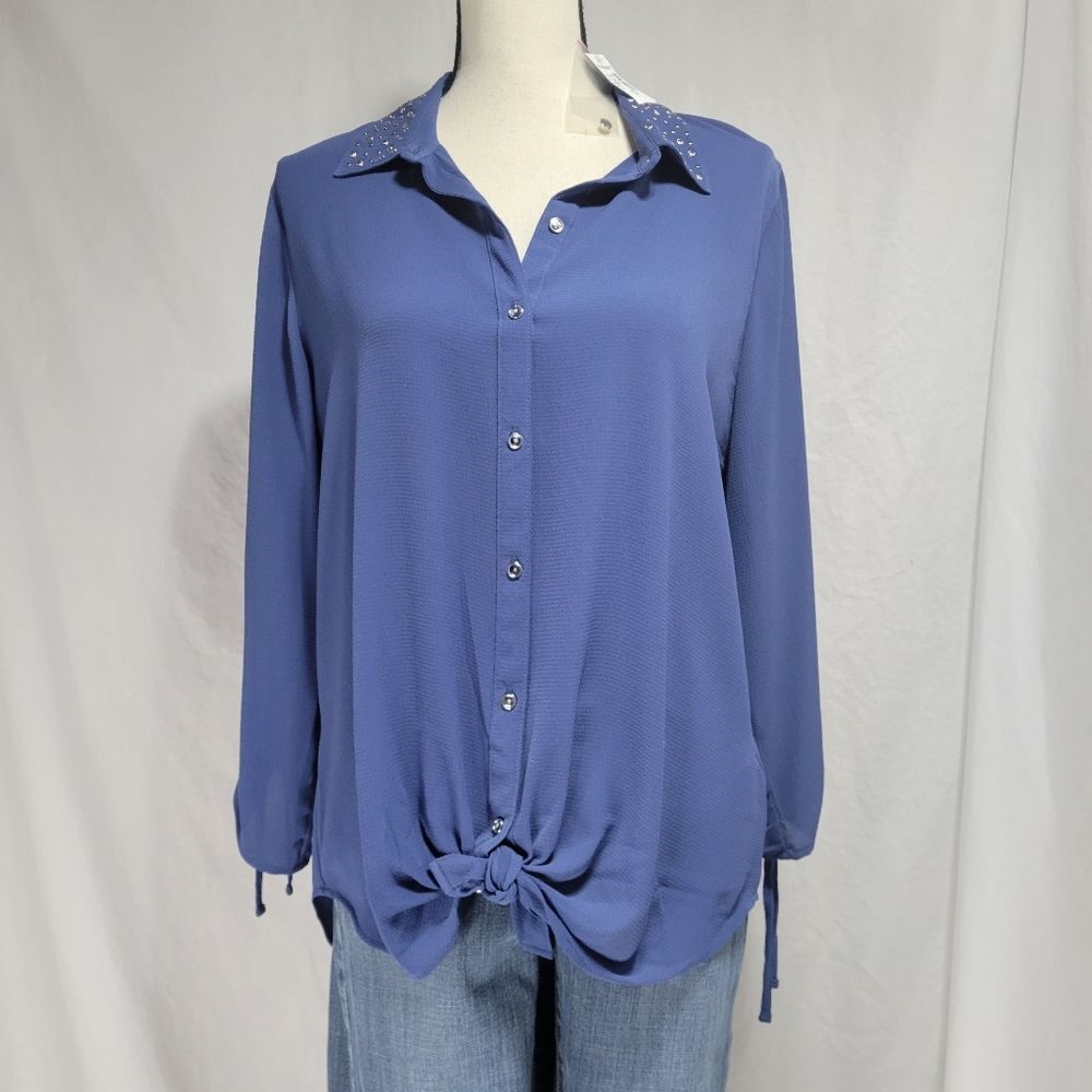 Westport slate blue button down knotted front blouse, size M  NEW with Tags